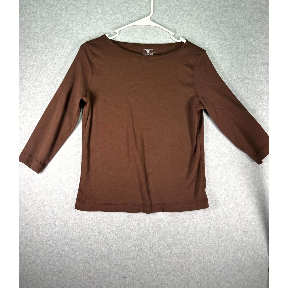 Jones New York Top Womens Medium Brown Cotton Boat Neck 3/4 Sleeve Sportswear